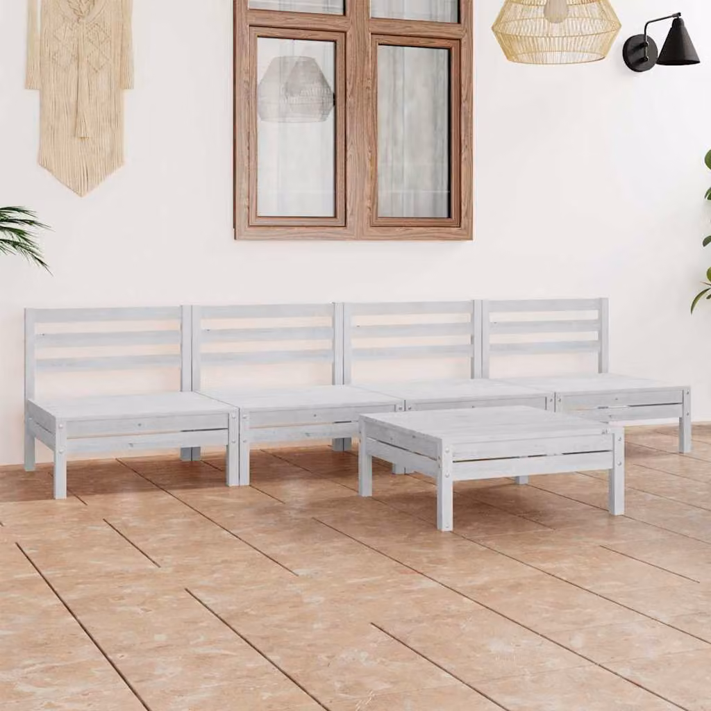 Set di divani da giardino vidaXL in legno di pino bianco con cuscini, composto da 3 sedute, elementi angolari e tavolino da esterno