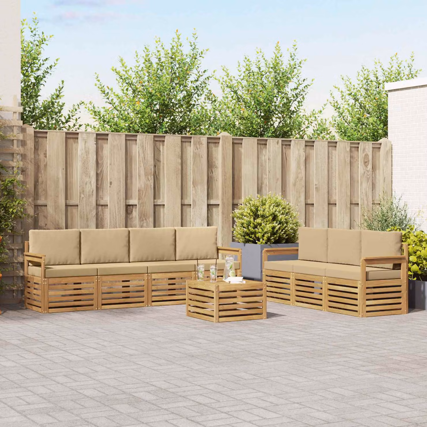 Set da giardino vidaXL composto da 8 pezzi con divani, tavolino e cuscini in legno di acacia e tessuto bianco e beige