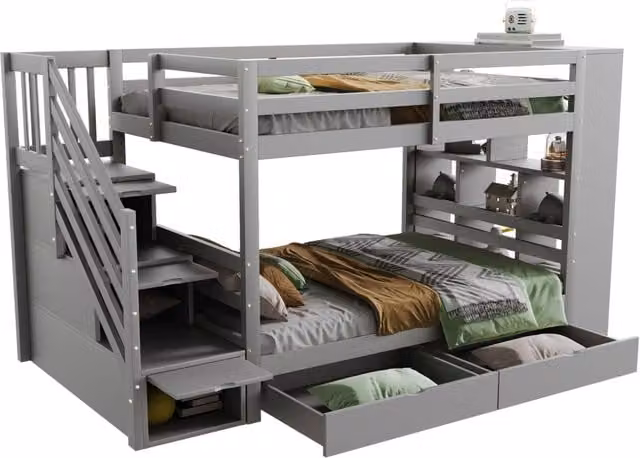 Letto a castello per bambini 90x200 cm con scala contenitore e cassetti; grigio