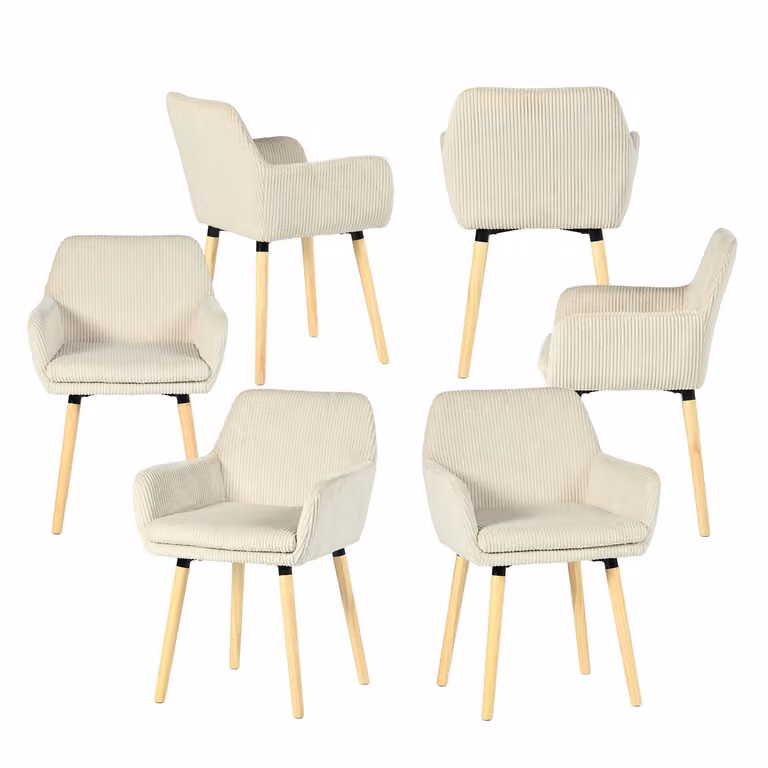 Meubles Cosy - Set da 6 sedie da pranzo in stile scandinavo con gambe in legno e braccioli in velluto a coste beige – ELIA