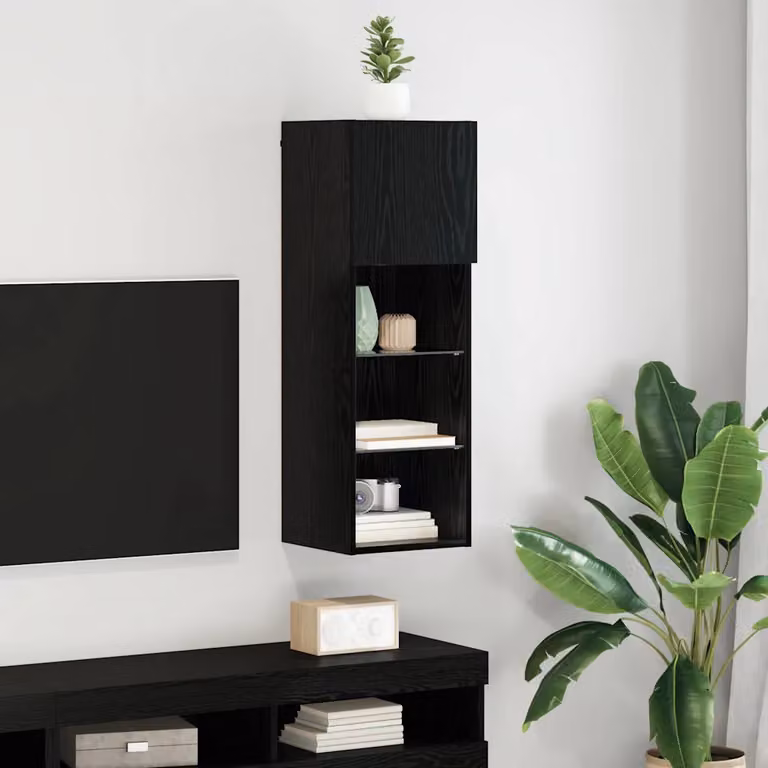 Mobile TV da parete vidaXL moderno in rovere nero con illuminazione integrata L/P/H: 30,5 x 30 x 90 cm