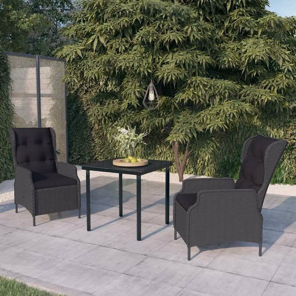 Set da pranzo da giardino moderno vidaXL in metallo e rattan con piano in vetro, 3 pezzi, Grigio e Nero