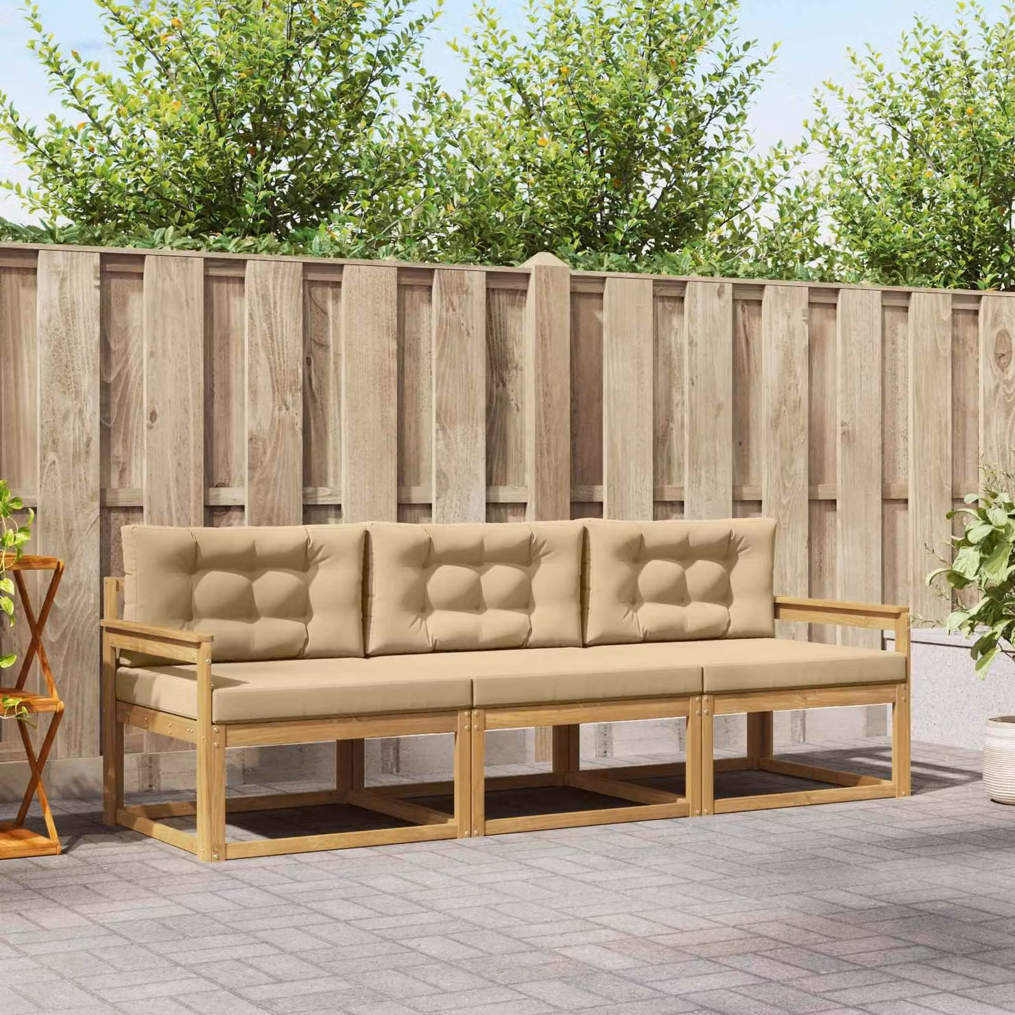 Set di divani da esterno 3 pezzi vidaXL in legno di acacia con cuscini, Bianco, Beige e Marrone