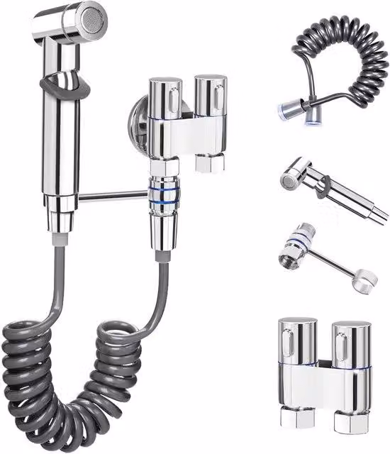 Set doccetta, spruzzatore bidet per WC, con doccetta e supporto, tubo bidet da 1,5 m, doccetta in ABS, valvole in ottone cromato, per la pulizia intima, pulizia del bagno