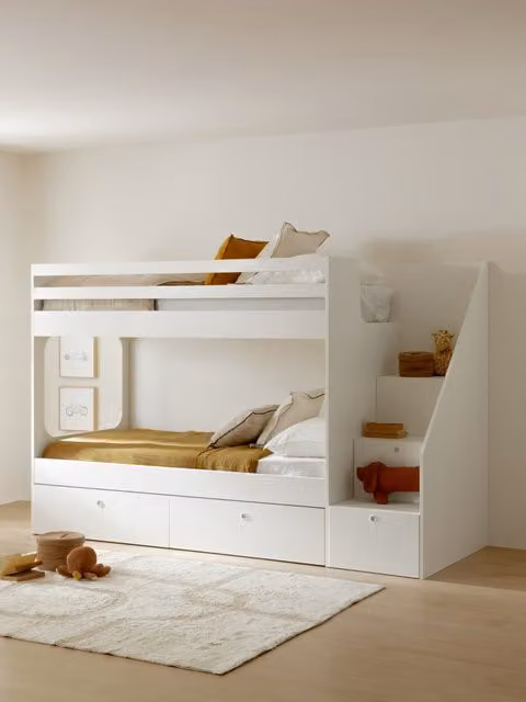 Letto a castello Nina Kenay Home bianco con cassetti e scala a destra per cameretta bambini