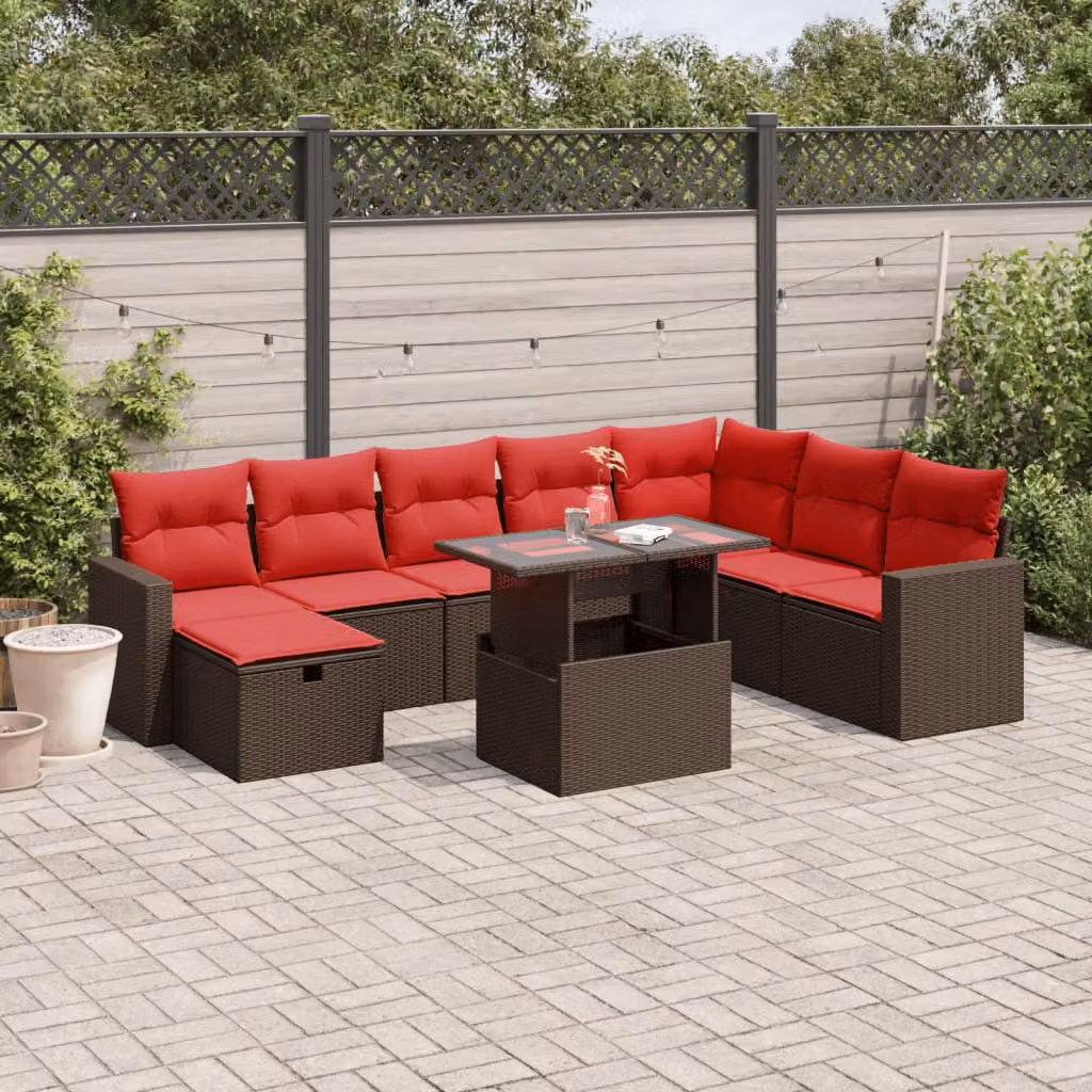 Set di divani da giardino vidaXL 9 pz a forma di L con cuscini marroni e tavolino, in rattan e metallo con coperture rimovibili e resistenti ai raggi UV