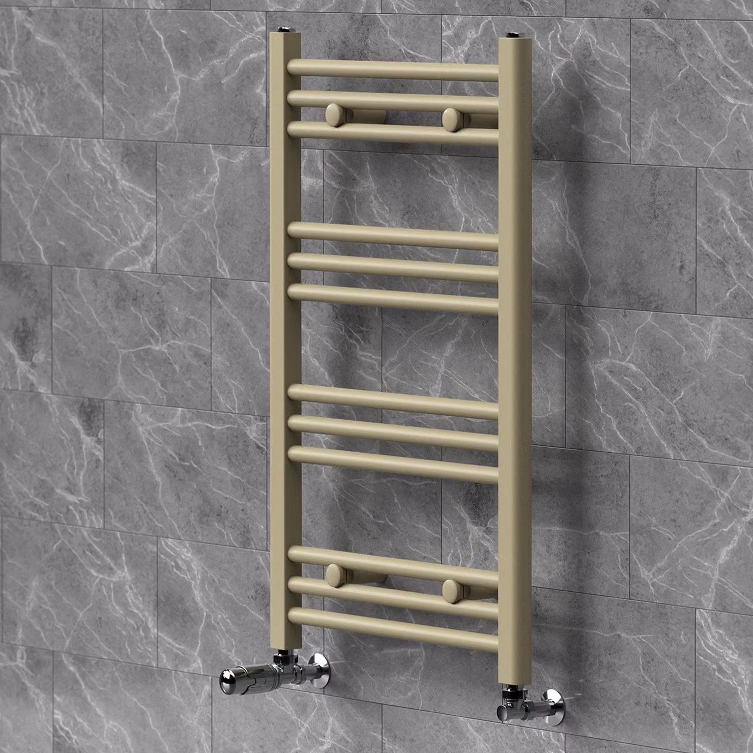 Riscaldatore asciugamani LuxeBath 500x800 mm, radiatore per bagno con valvola termostatica, asciugamano Sahara a parete con attacco laterale, portasciugamani, color beige