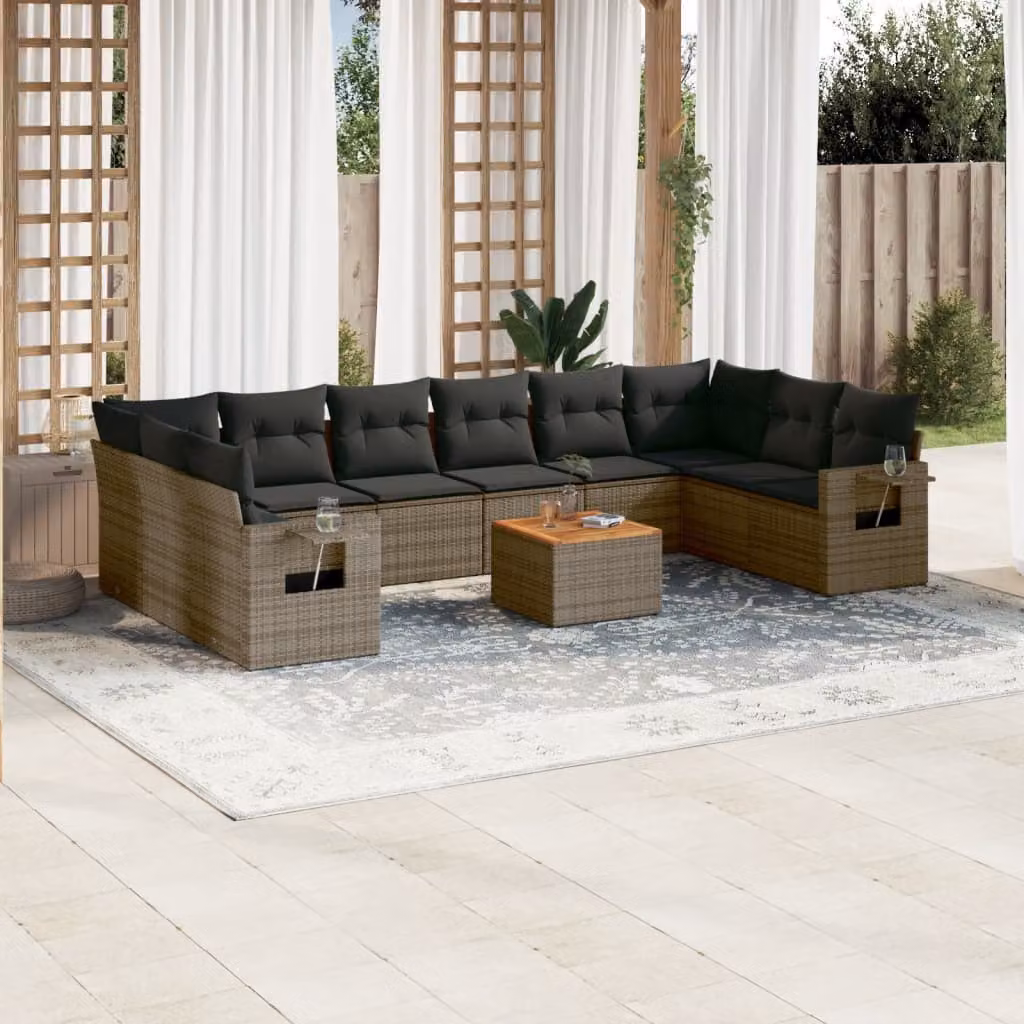 vidaXL Set Divani da Giardino 11 pz in Polyrattan Grigio con Cuscini e Tavolino da Esterno – 1