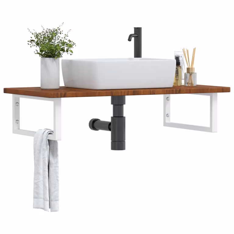 Ripiano a parete per lavabo vidaXL in legno di rovere e metallo, moderno, bianco e marrone