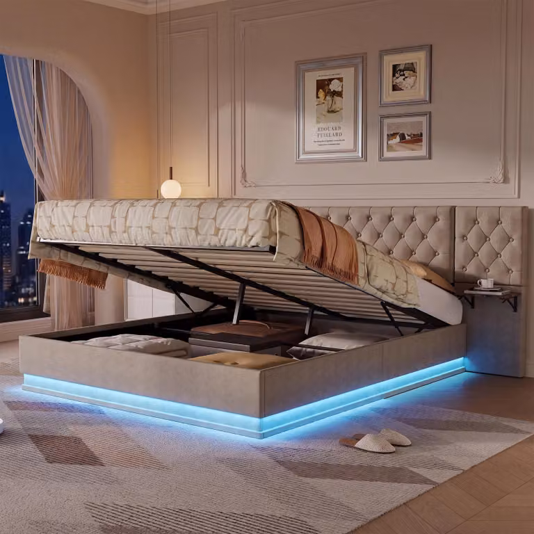 Letto imbottito ProximaX, 160x200 cm, color beige, effetto lino, con contenitore, illuminazione LED RGB e funzione di ricarica