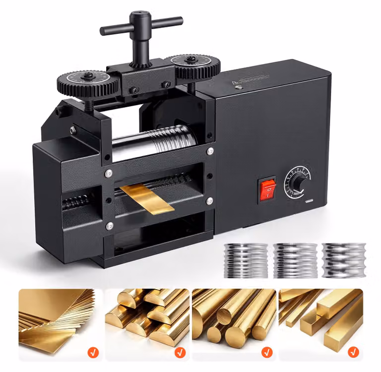 Macchina elettrica VEVOR per la laminazione di metalli, diametro 60 mm, 4-in-1 (rotonda, piatta, quadrata, semirotonda), ideale per la creazione di gioielli fai-da-te. Spessore regolabile da 0,03 a 7 mm, adatta per la laminazione di metalli duttili come o