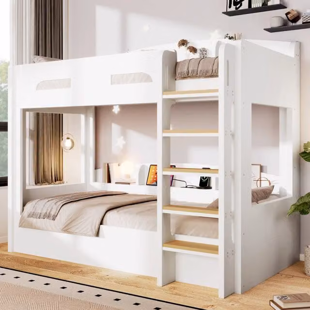 Letto a castello Mivray bianco con porta USB, ripiani laterali e scala, dimensioni 90 x 200 cm
