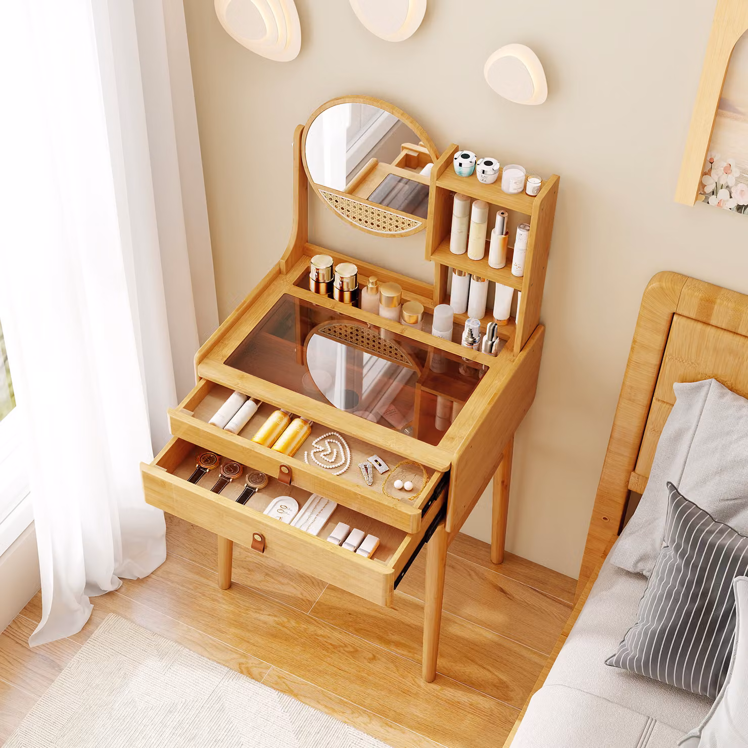 Scrivania vanity Costway in bambù naturale con piano in vetro e ripiani aperti per piccoli spazi