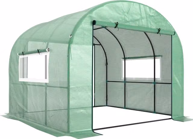 Outsunny Serra a Tunnel per Orto in Acciaio e PE Anti UV con Porte Avvolgibili e Finestre, Verde, L/P/H: 300 x 300 x 200 cm