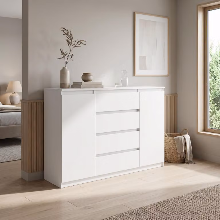 Comodà Masseno NUDO da 120 cm con 4 cassetti e 2 ante per soggiorno e camera da letto, stile moderno, 120x39x101,5 cm, bianco / bianco