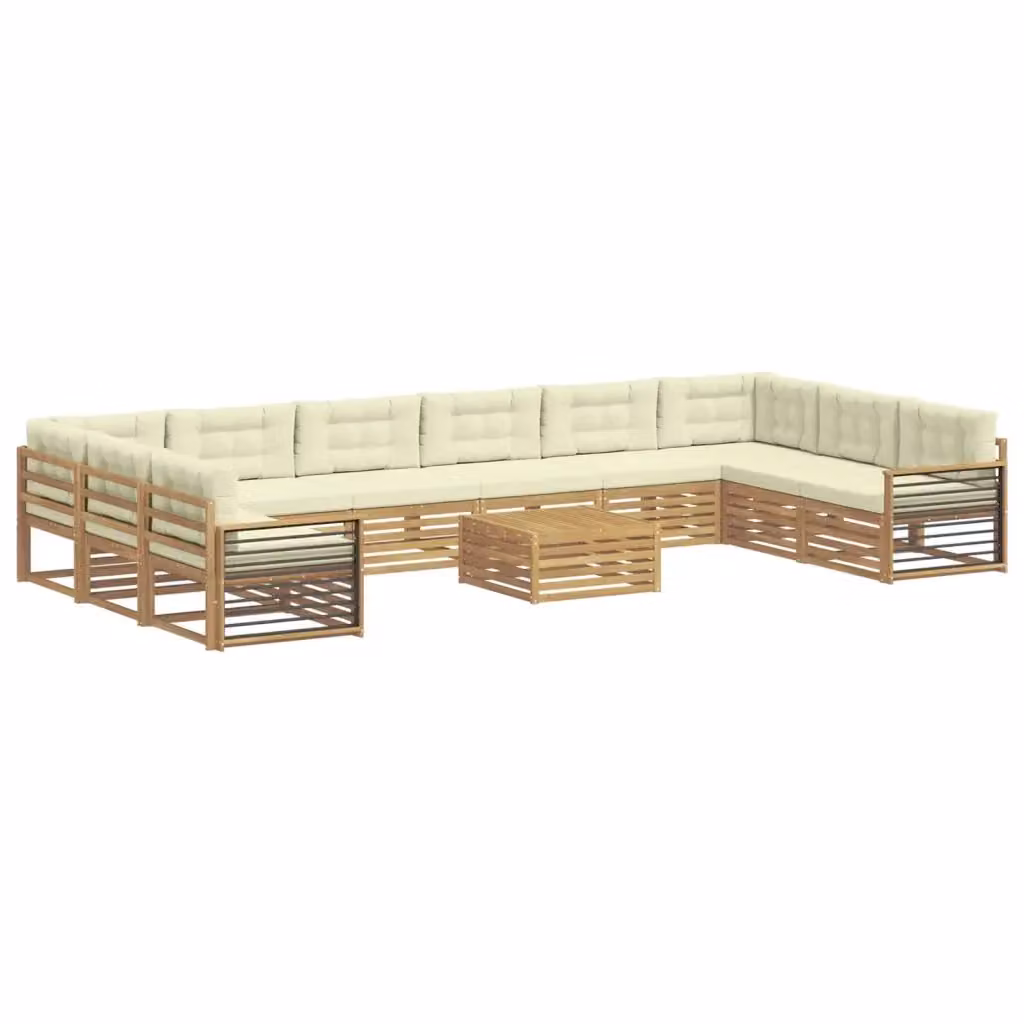 Set di divani da giardino a L con tavolo da caffè vidaXL in legno di acacia marrone e beige, 11 pezzi – 2