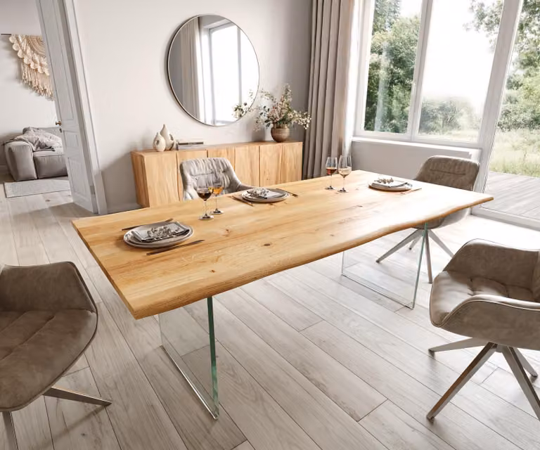 DELIFE Tavolo da pranzo Edge 200x100x2,5-3 rovere naturale vetro Live-Edge