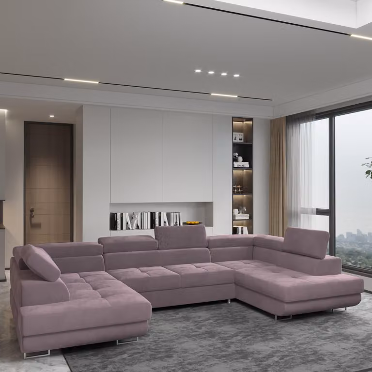 Divano angolare RAGGIO di Masseno con funzione letto a U, divano con box letto, divano da salotto, divano, divano, divano letto, set di divani - viola, MONOLITH 62