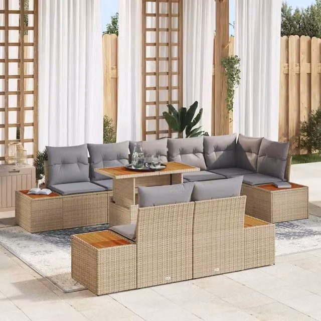 vidaXL Set Divano da Giardino Moderno a Forma di U in Rattan con Cuscini Beige e Tavolino da Esterno