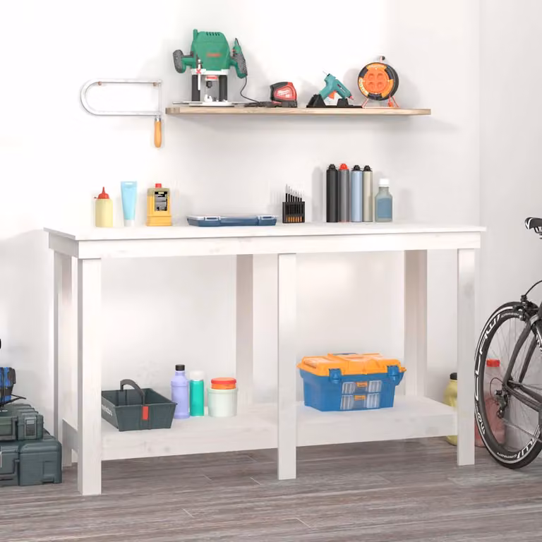 vidaXL Banco da Lavoro in Legno Massello di Pino Bianco L: 140 cm, P: 50 cm, H: 80 cm