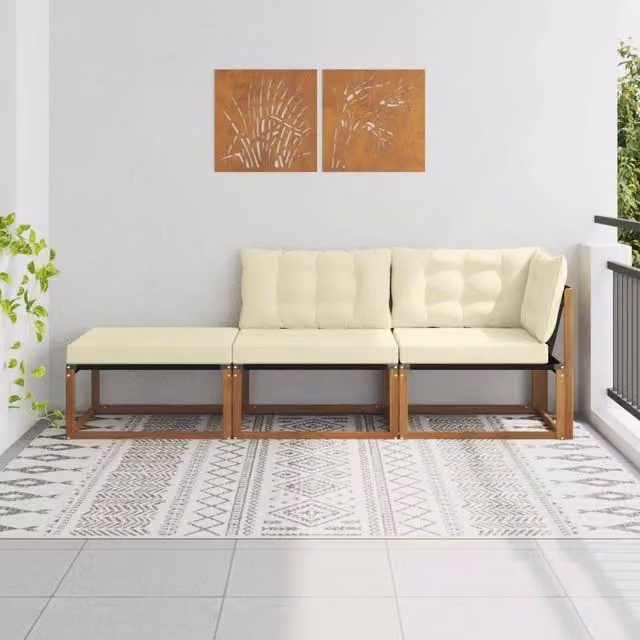 Set di divano componibile da esterno vidaXL in legno di acacia con pouf e cuscini beige – 1