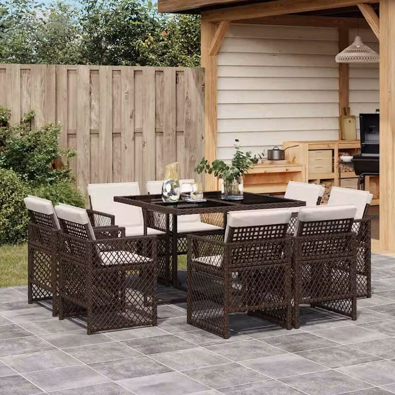 Set da Pranzo da Giardino vidaXL in Polyrattan Marrone con 9 Pezzi e Cuscini