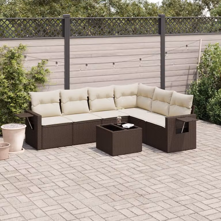 Set di divani da giardino vidaXL in polyrattan marrone con cuscini e tavolino da esterno a forma di L per 7 persone