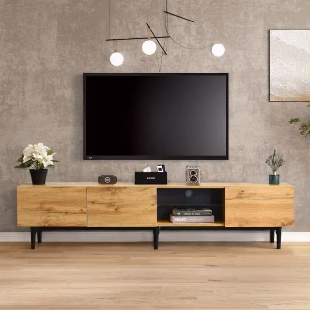 Mobile TV moderno con LED regolabili da app 175x31x41 cm in MDF rovere chiaro e nero