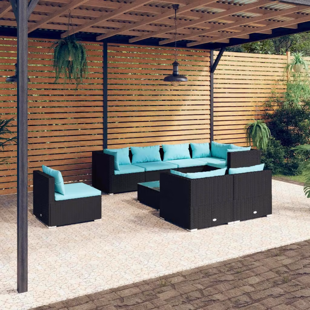 The Living Store Set da giardino 9 pezzi con cuscini in poly rattan nero