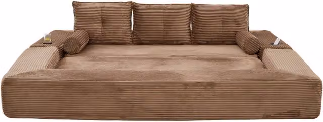 Divano Letto 3 Posti in Tessuto Corduroy con Schiuma ad Alta Densità e Materasso Memory, con Portaoggetti e Portabicchieri, 232x98x80 cm