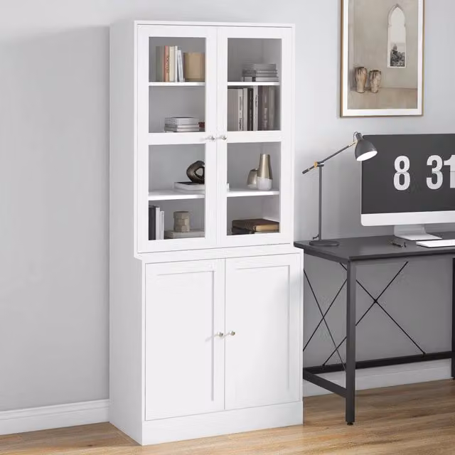 Vetrina Libreria Bianca in MDF con Ante in Vetro, Ripiani Regolabili, 76 x 40 x 178,5 cm