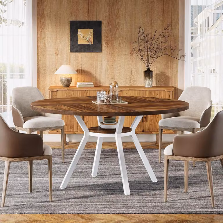 Tavolo rotondo da pranzo per 4 persone, diametro 120 cm, con gambe in metallo e ripiano portaoggetti, bianco/marrone
