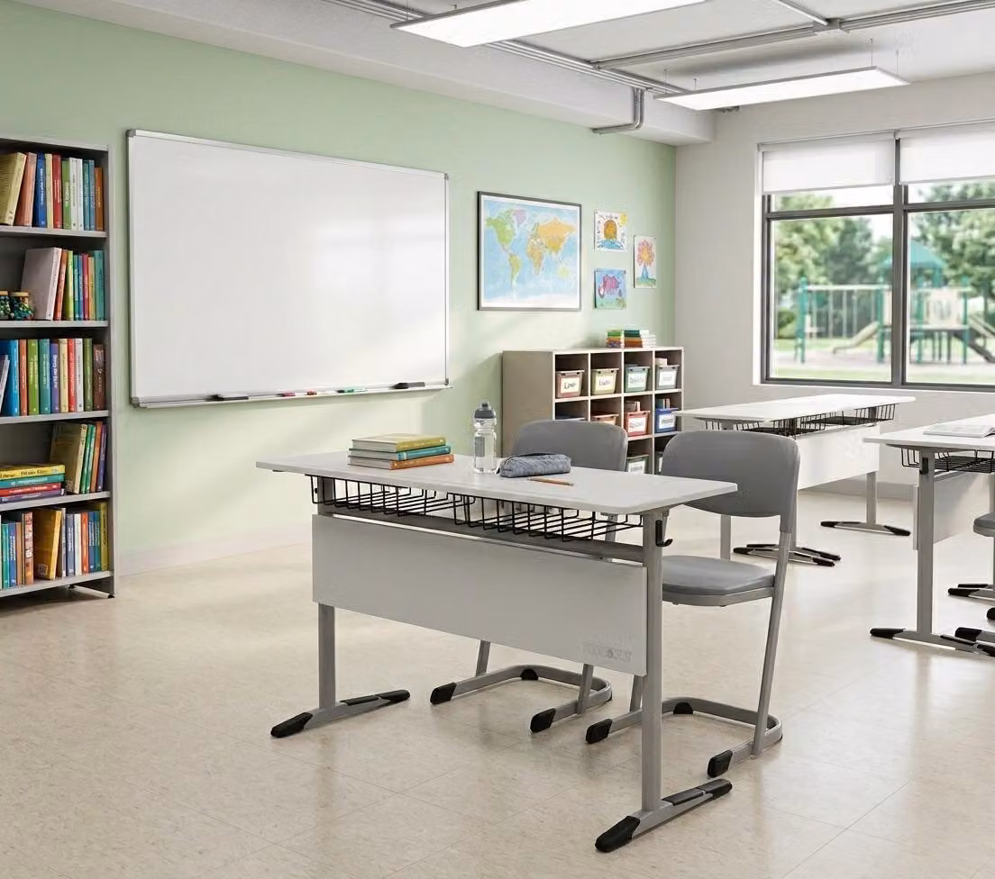 Set per scuola, design moderno ed ergonomico, grigio. Include: scrivania, sedia e panca a due posti