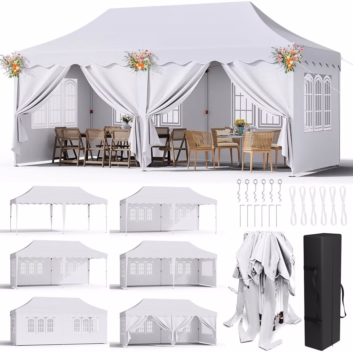 Gazebo da esterno 3x6 metri, impermeabile, stabile, con 6 pareti laterali, colore bianco