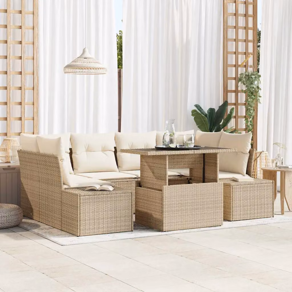 Set Divano da Giardino a L vidaXL in Polyrattan Beige con 7 Pezzi e Tavolino da Esterno