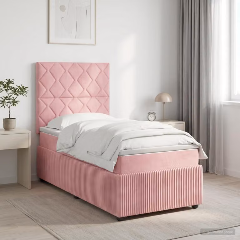 Letto Box Spring vidaXL in Velluto Rosa con Materasso Ibrido e Illuminazione LED, L/P: 100 x 200 cm
