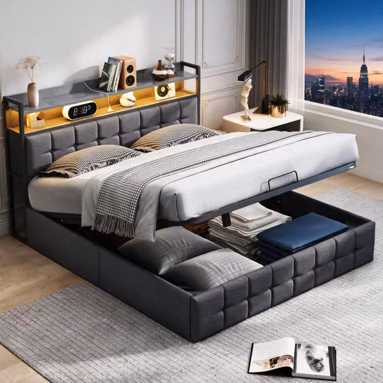 Letto contenitore con boxspring INONEFT, 140x190 cm, imbottito con spazio contenitore ad apertura idraulica, letto matrimoniale con illuminazione a LED e prese USB, colore grigio lino, senza materasso