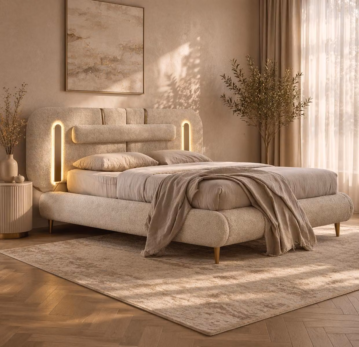 Esclusivi letti matrimoniali beige, letti imbottiti di design, mobili