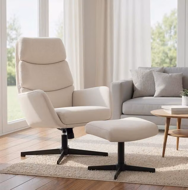 Poltrona relax 75x66x99 cm beige con poggiapiedi, struttura in metallo