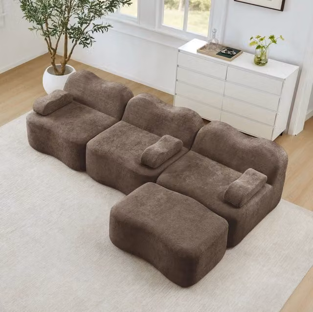 Divano angolare modulare 288x167x70 cm in velluto marrone con pouf e seduta profonda