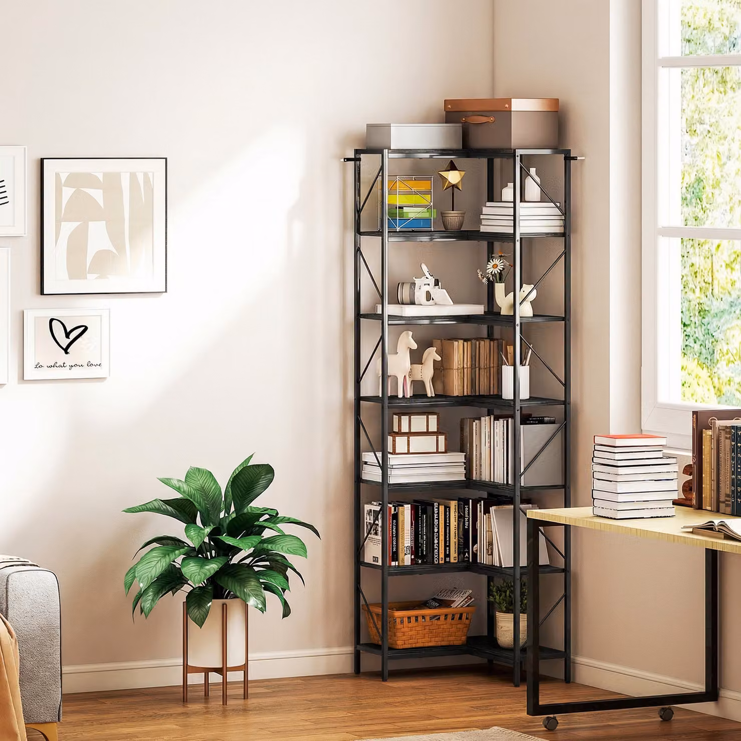 Libreria ad Angolo HOMCOM con 7 Ripiani in Stile Industriale, Effetto Legno e Metallo, Colore Nero e Marrone – 2