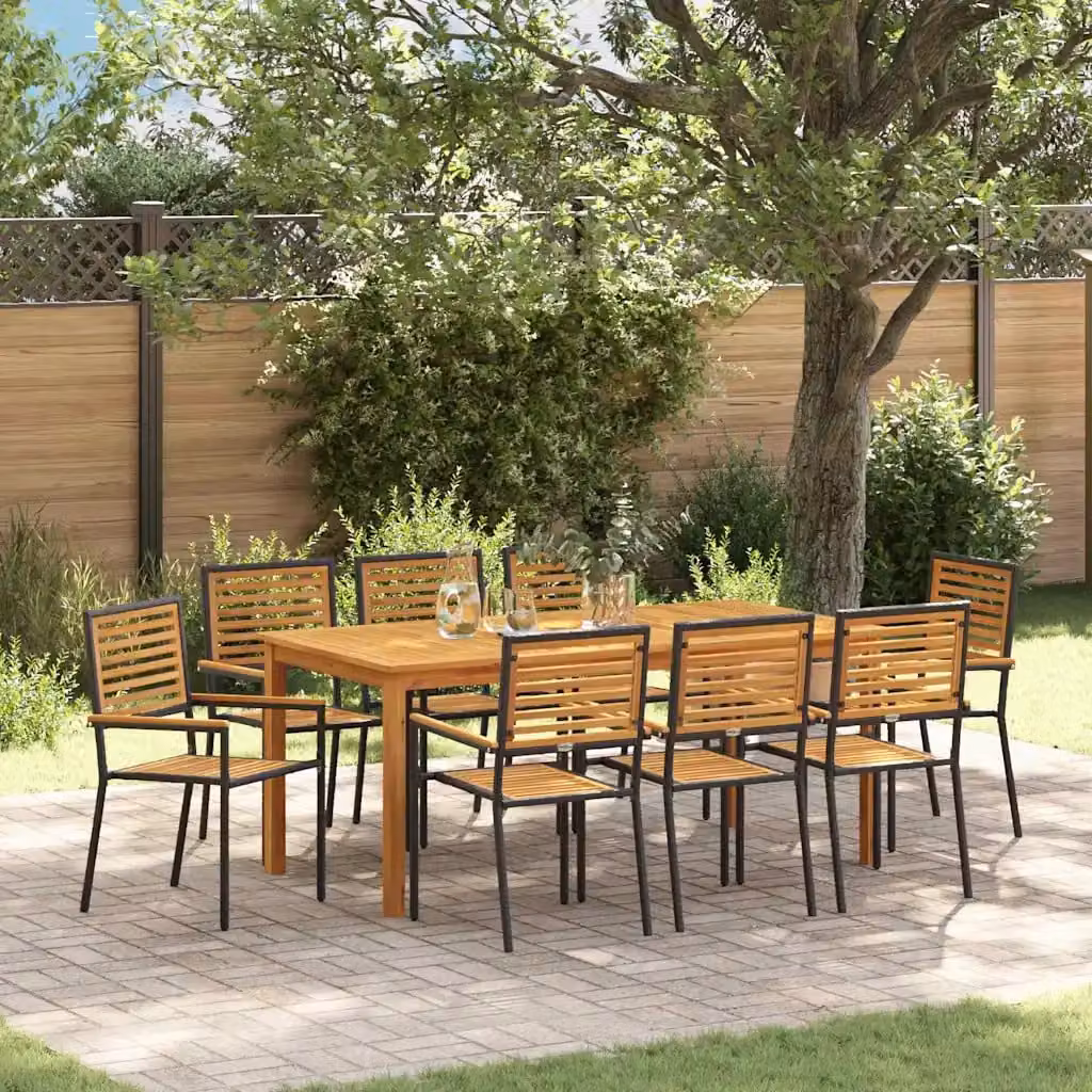 Set da pranzo per giardino e terrazzo vidaXL in rattan e legno di acacia, 9 pezzi, nero e marrone, L: 180 cm, P: 90 cm, H: 75 cm