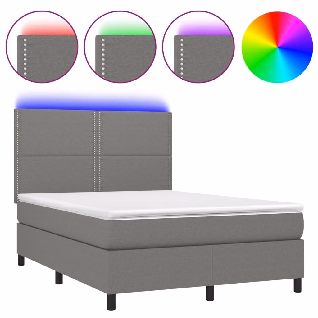 Letto a Molle Materasso e LED Grigio Scuro 140x200cm in Tessuto