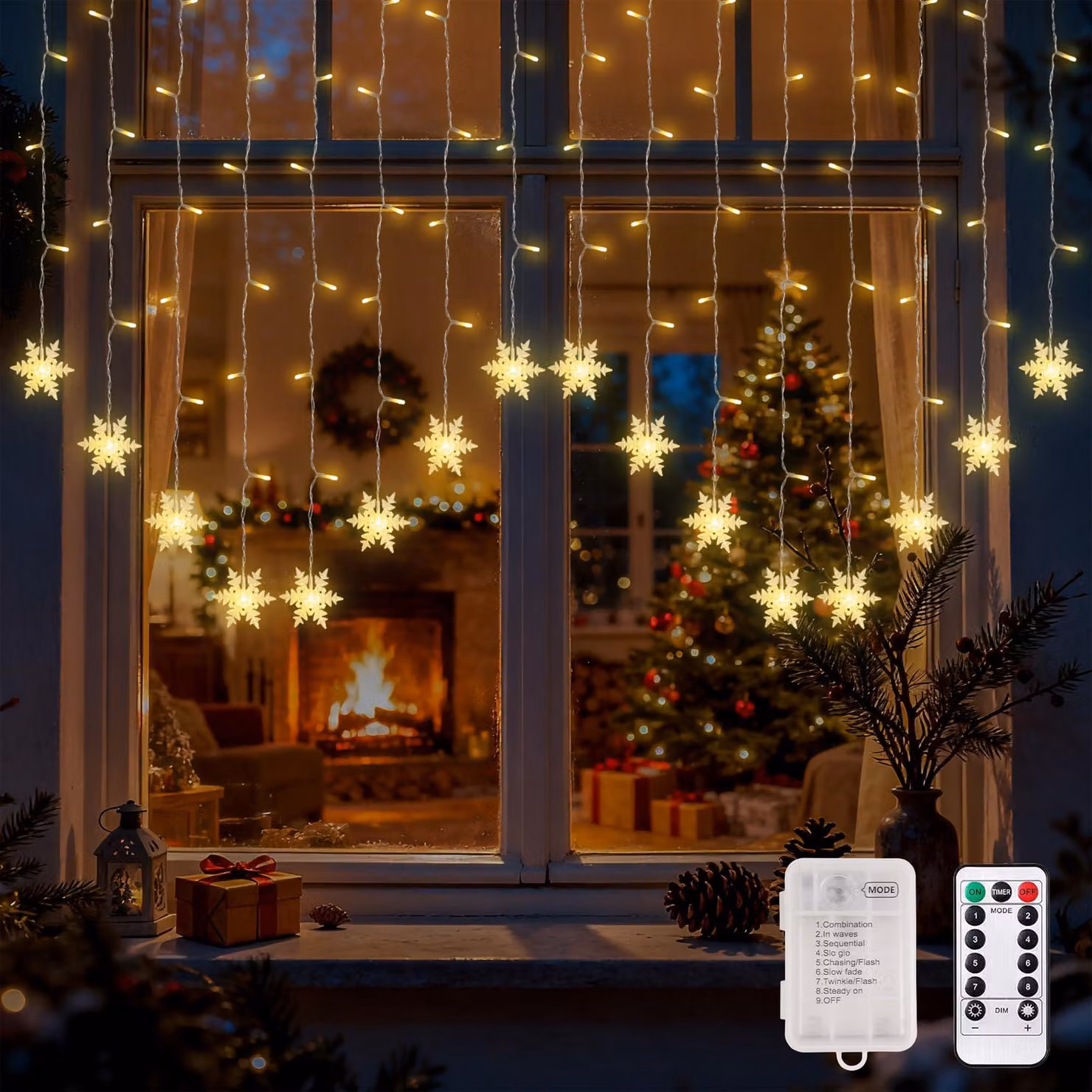 Tenda luminosa a LED con fiocchi di neve, dimensioni 2x1 metro, 104 LED, luce bianco caldo, 8 modalità, grado di protezione IP44