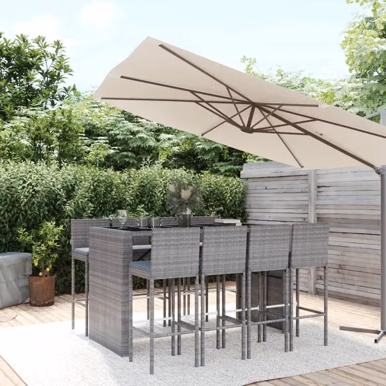 Set Bar da Giardino vidaXL in Polyrattan Grigio e Nero con 9 Pezzi e Cuscini