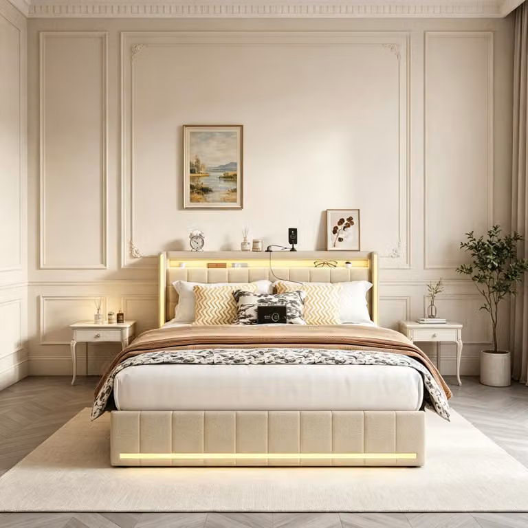 Letto matrimoniale INONEFT 140 x 200 cm con 4 cassetti, letto imbottito con testiera LED e funzione di ricarica USB, struttura letto per ragazzi con rete a doghe, colore lino, beige