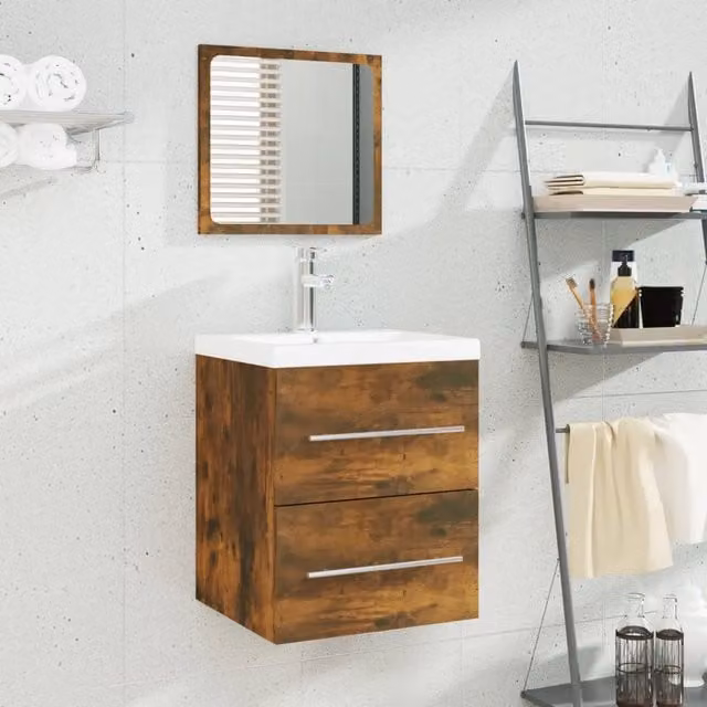Mobile Bagno Sospeso vidaXL in Legno Rovero con Lavabo Integrato, Bianco e Marrone