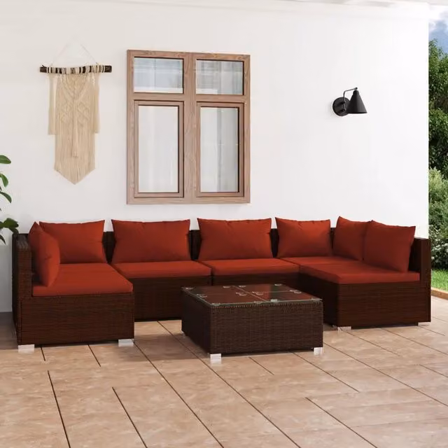 Set da Giardino 7 pz con Cuscini in Polyrattan Marrone 3101883