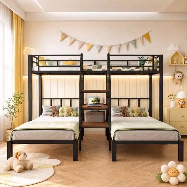 Letto a castello 90x200 cm con LED; scrivania; ripiani e prese USB; metallo e MDF; nero