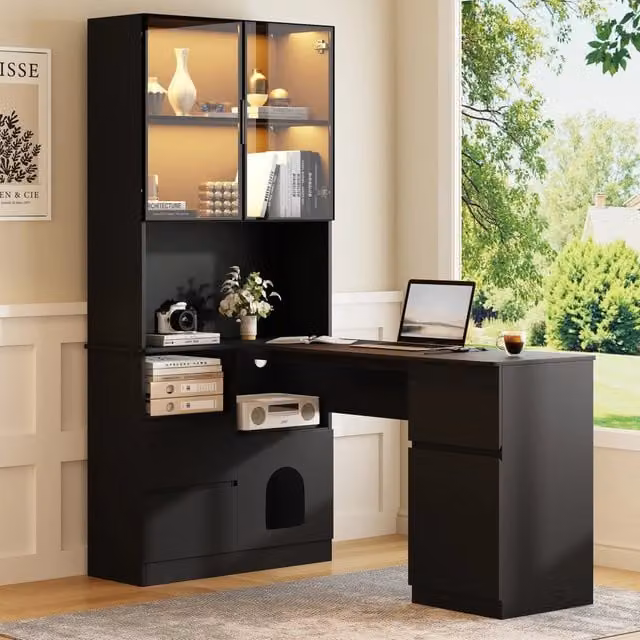 Scrivania angolare con libreria e vetrina LED 7 colori; 3 cassetti; 2 ante; passacavi; MDF nera 120 × 80 × 180 cm